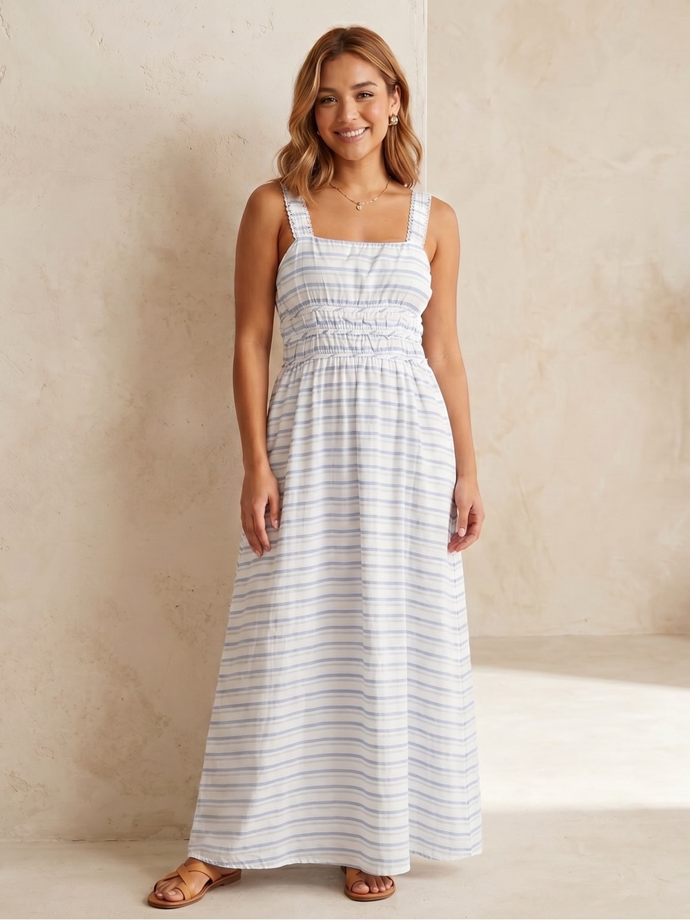 Altar’d State Striped Maxi Dress Sz M Smocked Waist Boho Coastal Sundress NWOT